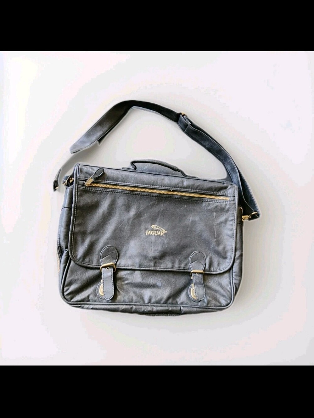 Jaguar Black Leather Crossbody Messenger Bag